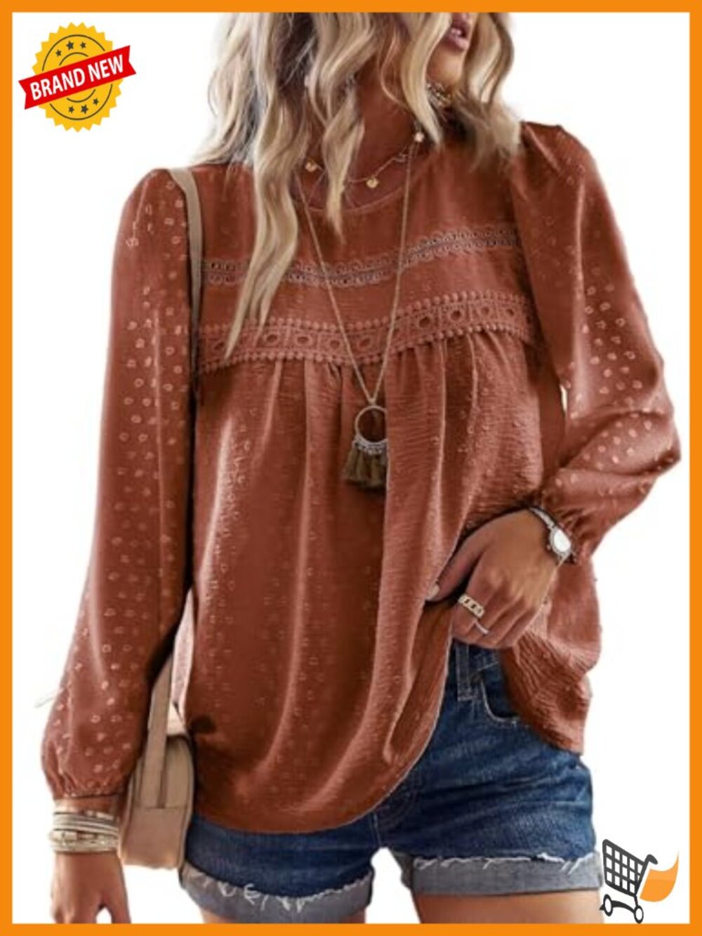 Womens Long Sleeve Crochet Lace Boho Tunic Top Crewneck Loose Fit Blouse